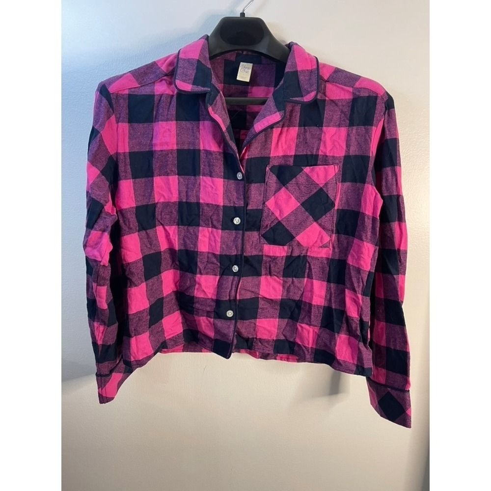 Sleep Chic Pink Black Buffalo Plaid Pajama Top Button Up Long Sleeve Women's L